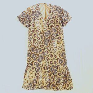 Marie Oliver linen silk shift dress Womens Medium tan brown black luxury loose